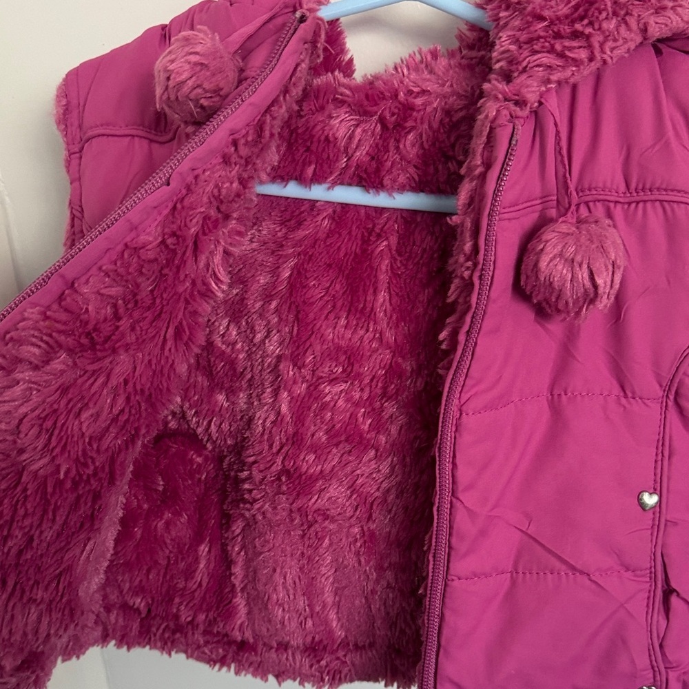 Girls' Magenta Puffer Vest with Hood Pom-Poms - Picture 2 of 7